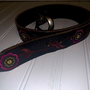 Hand made brown leather embroidered belt 39.5” long